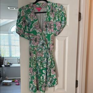 Lilly Pulitzer Floral Wrap Mini Dress Romper in Green and Pink